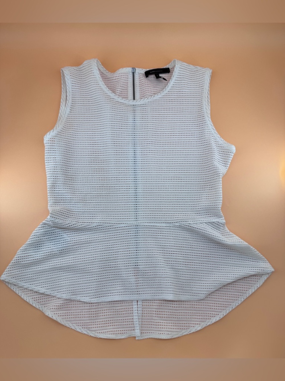 BCBG Maxazria Women’s L Large White Mesh Peplum Sleeveless Top Tank